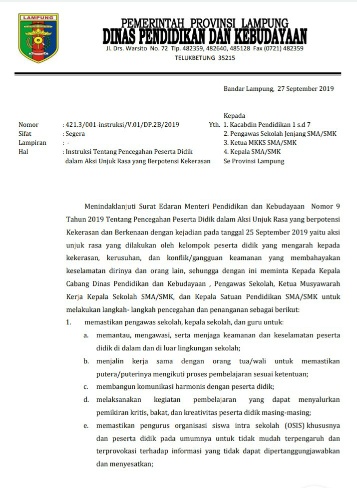 Disdikbud Lampung Ingatkan Kepala SMA-SMK Tentang Pencegahan Aksi Berpotensi Kekerasan