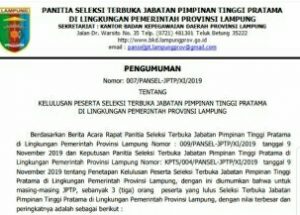 Peraih Nilai Terbesar Hasil Seleksi Terbuka JPTP Pemprov Lampung Didominasi Pendatang Baru